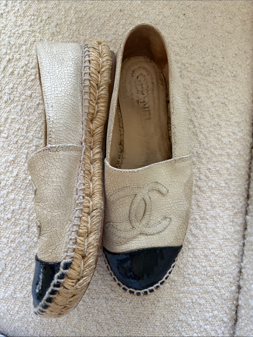 CHANEL Cream Espadrille Slip-On with Black Patent Cap Toe